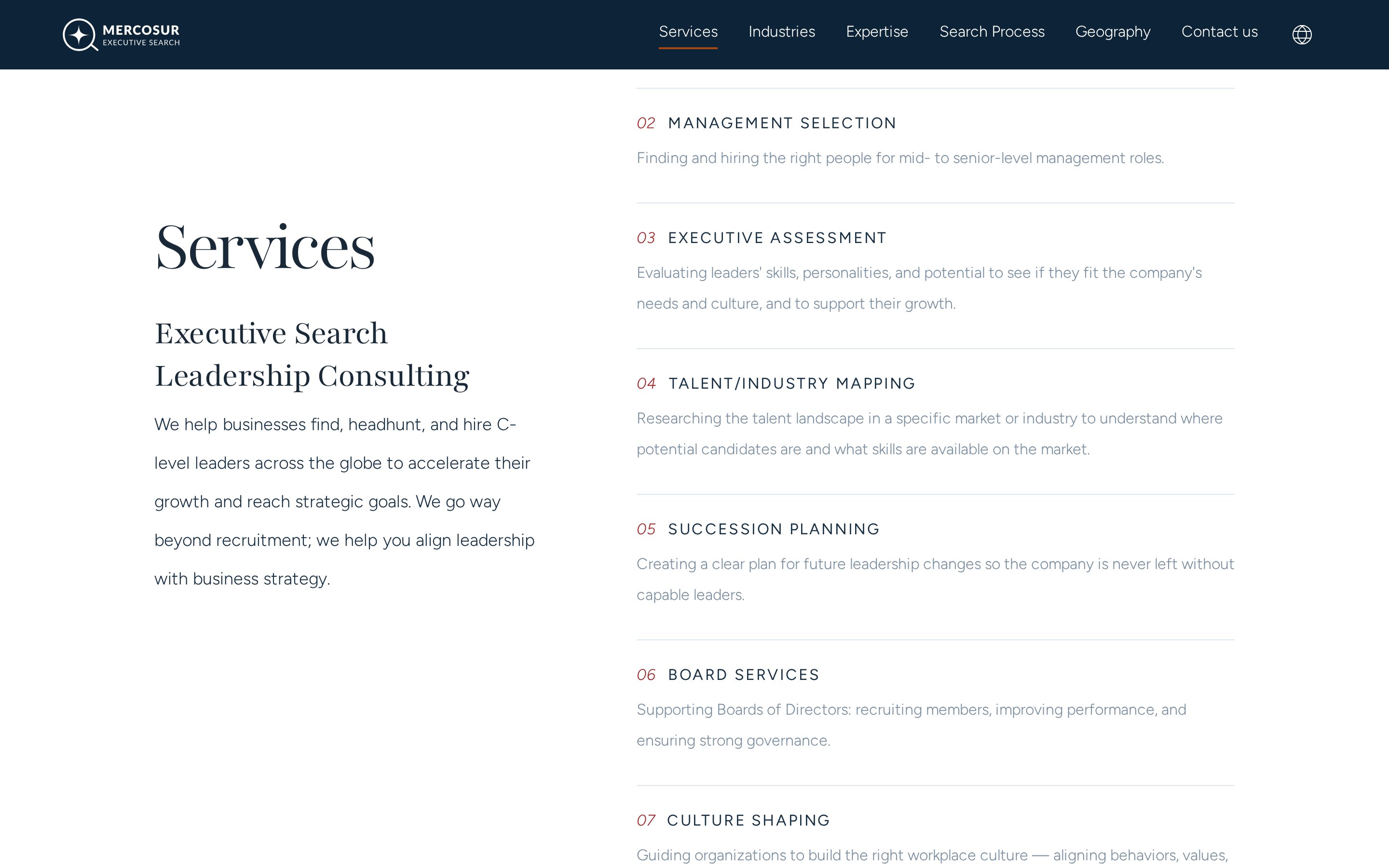Services list — executive search, assessment, mapping
